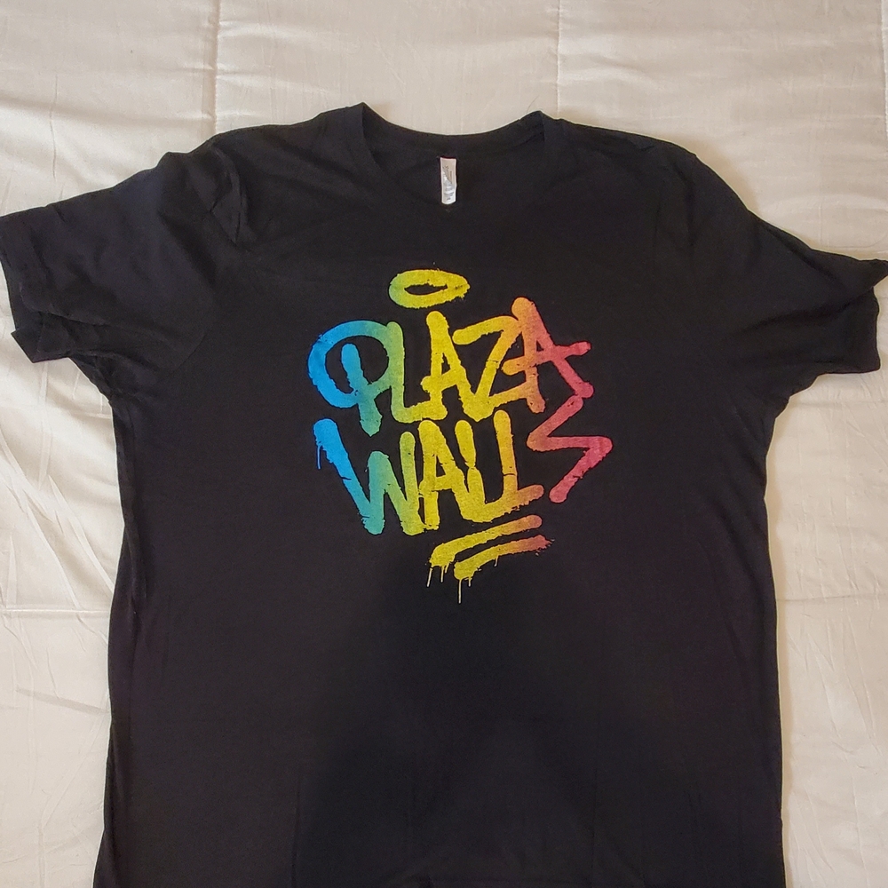 Black Graphic Tee with Colorful Plaza Walls Design